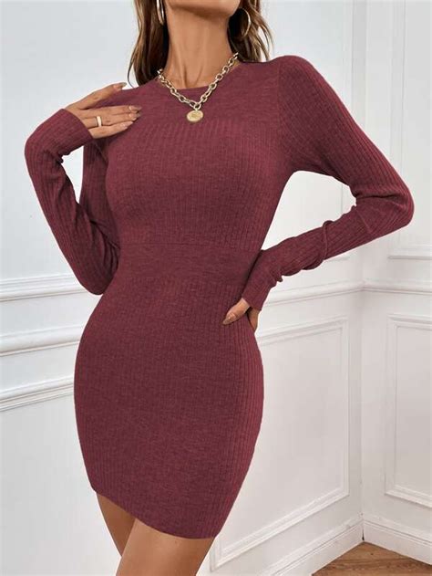 SHEIN Essnce Solid Ribbed Knit Bodycon Sweater Dress Without Belt