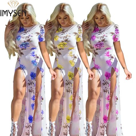 Imysen 2018 Summer Fashion Sexy Slit Dress O Neck Short Sleeved Floral