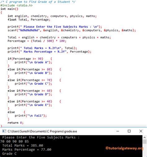 C Program To Find Grade Of A Student