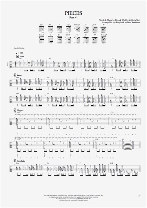 Pieces by Sum 41 - Guitar & Vocals Guitar Pro Tab | mySongBook.com