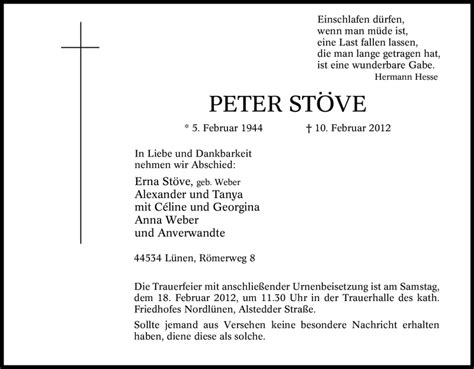 Traueranzeigen von Peter Stöve Trauer in NRW de