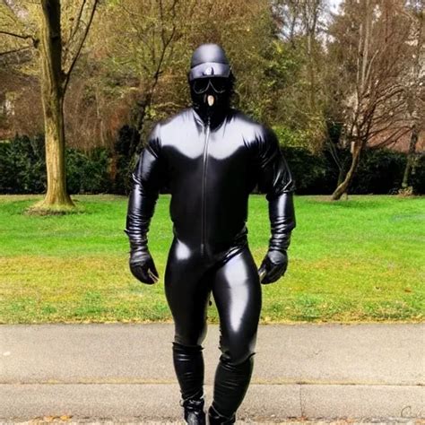 Full Body Fit Tall Bodybuilder In Full Rubber Suit And Gas Mask