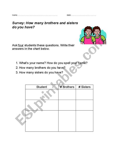 English Worksheets Class Survey Brothers And Sisters