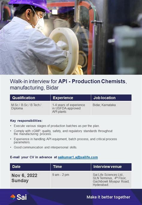 Sai Life Sciences Ltd Walk In Interview For Api Production Chemists