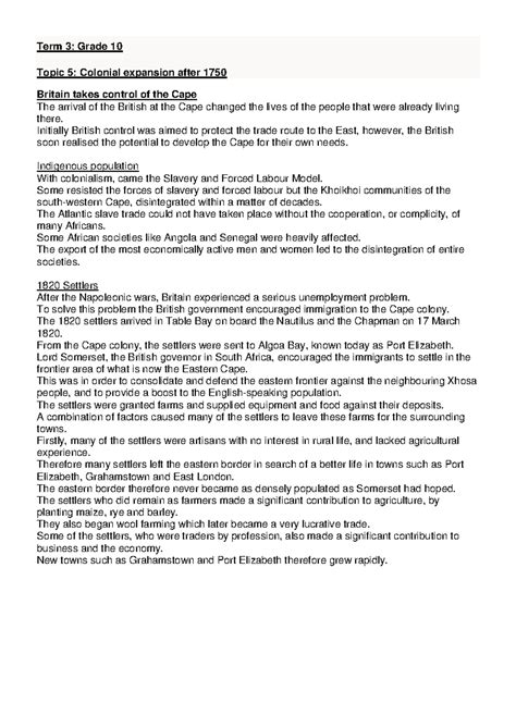 Grade 10 History: Colonial Expansion and Its Impact (1750-1850) - Studocu