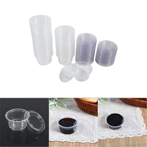 Tim 50pcs Disposable Plastic Clear Sauce Chutney Cups Boxes With Lid Food Takeaway Hot 4oz