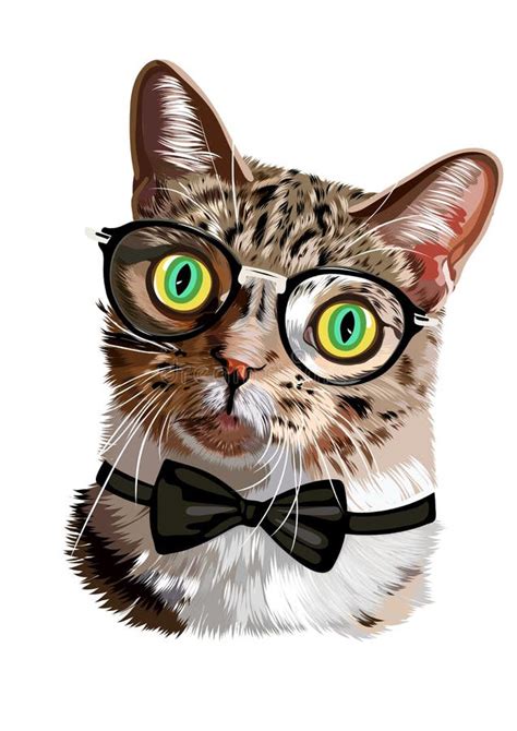 Hand Drawn Portrait Of Cat With Glasses And Bow Tie Vector Stock