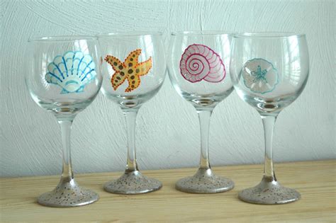 4 Hand Painted Beach Wine Glasses With Seashells Sand Dollar Starfish