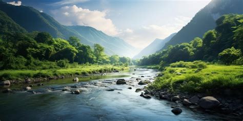 Premium AI Image | River's Path Through Lush Green Mountain Scenery