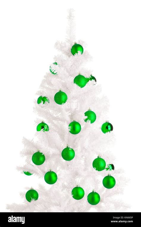 White Christmas tree and green balls, white background Stock Photo - Alamy