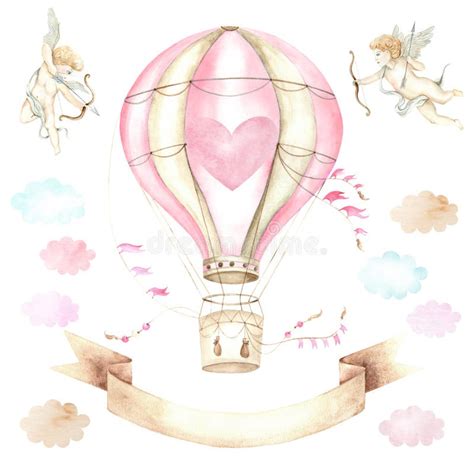 Watercolor Drawing Of A Hot Air Balloon Angels And Colorful Clouds Illustration Is Drawn By