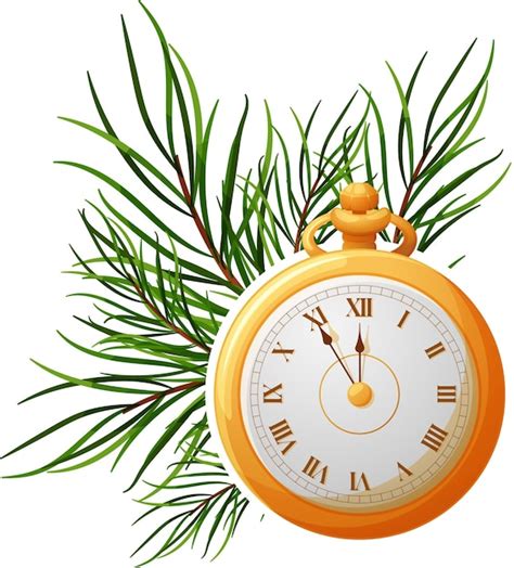 Premium Vector | Cartoon new year's golden clock with pine branch on ...