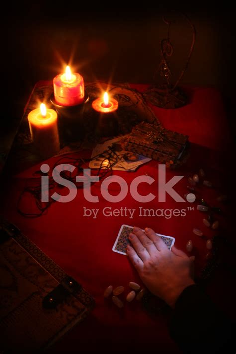 Tarot Reader Hand Over Dark Red Table Stock Photo Royalty Free