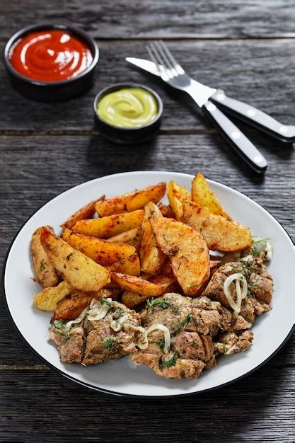 Filetes De Lomo De Cerdo A La Parrilla Con Gajos De Patata Foto Premium