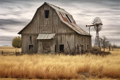 Premium Ai Image Weathered Barn With A Vintage Windmill In The