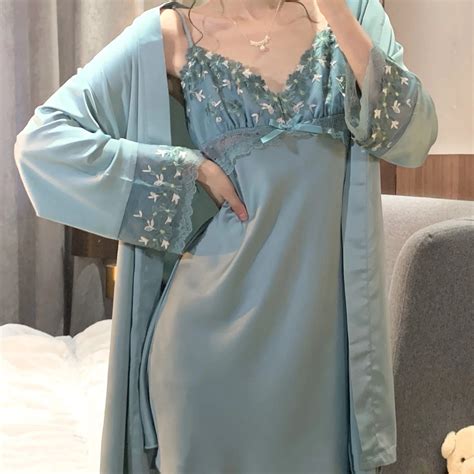 Female Kimono Bathrobe Gown Sexy Twinset Robe Suit With Strap Nightgown