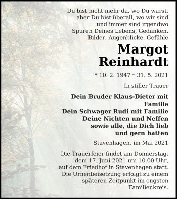 Traueranzeigen Von Margot Reinhardt Trauer Nordkurier