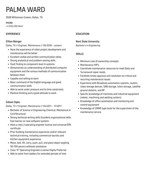 Maintenance Engineer Resume Sample