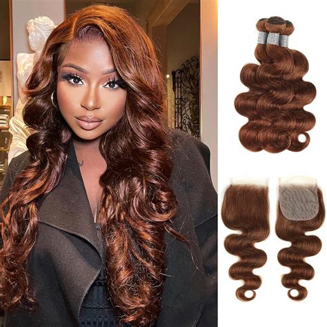 Alher Reddish Brown Human Hair Bundles With Closure（16 18 20 16）4x4 Lace Closure