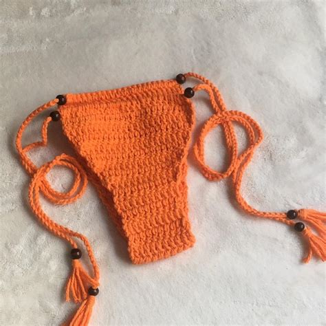 Handmade Crochet Bikini In Orange With Wooden Beads Depop