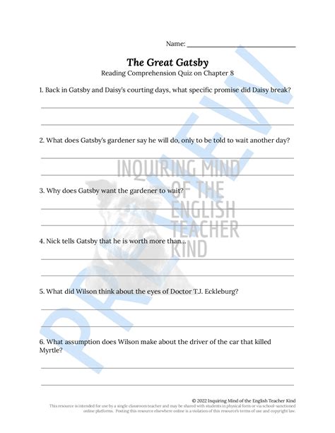 The Great Gatsby Chapter 8 Quiz And Answer Key Classful