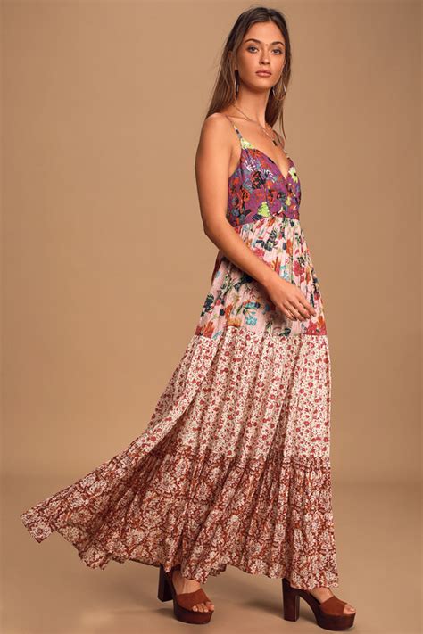 Boho Maxi Dress Pink Multi Floral Dress Tiered Maxi Dress Lulus