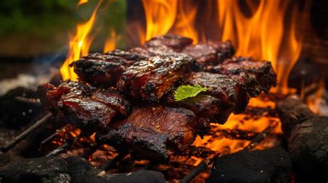 Costillas a la barbacoa brasileña en un fuego de tierra Foto Premium