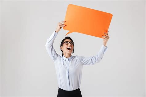 Premium Photo Image Of Successful Office Woman Wearing Eyeglasses Holding Yellow Copyspace