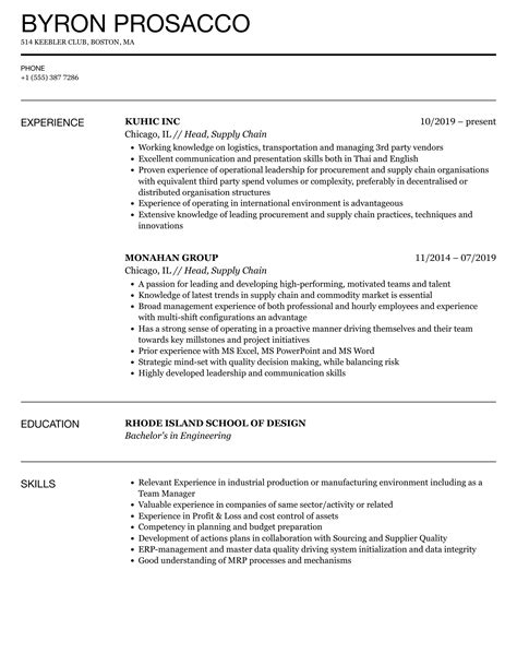 Head Supply Chain Resume Samples Velvet Jobs