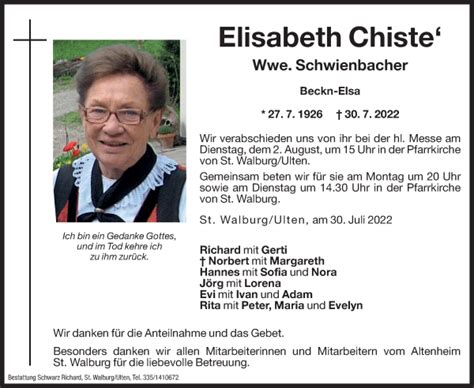 Traueranzeigen Von Elisabeth Schwienbacher Trauer Bz