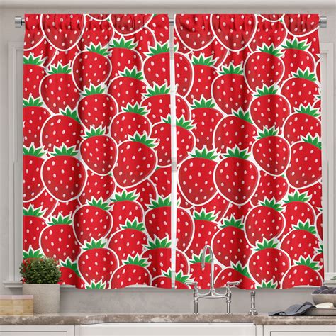 Ambesonne Fruits Kitchen Curtains, Yummy Strawberry Botany, 55"x45", Hunter Green and Red ...