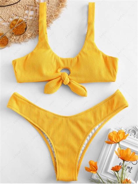 23 OFF 2021 ZAFUL Knot Textured Ribbed Bikini Set In SUN YELLOW ZAFUL