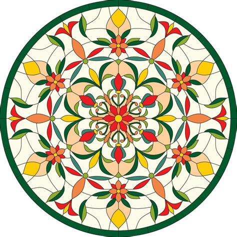 Vector Color Template Of Round Stained Glass Window Floral Ornament