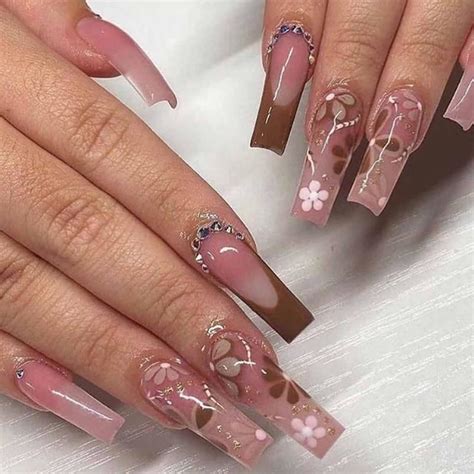 Hkanlre Coffin Long Press On Nails Acrylic Jelly Flower