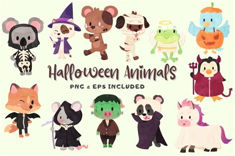 Halloween Animals Watercolor Style Clip Art