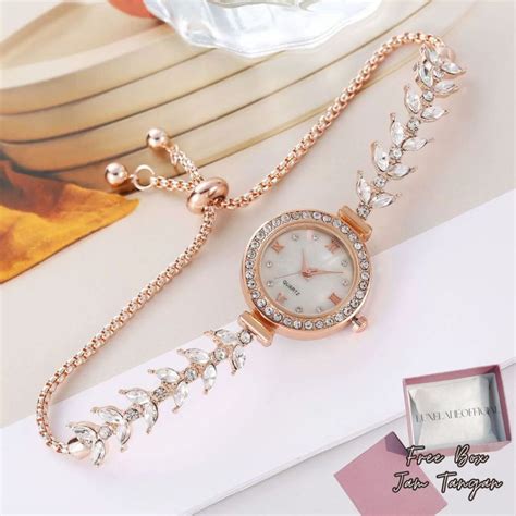 Jual Luxelane Jam Tangan Wanita Rantai Serut Daun Mermaid Silver Rose Gold Cewek Elegan Mewah