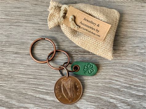 Irish Penny And Shamrock Keychain Keyring Or Clip Choose Coin Year