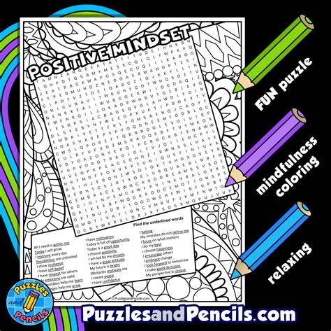 Positive Mindset Word Search Puzzle Activity Page With Coloring