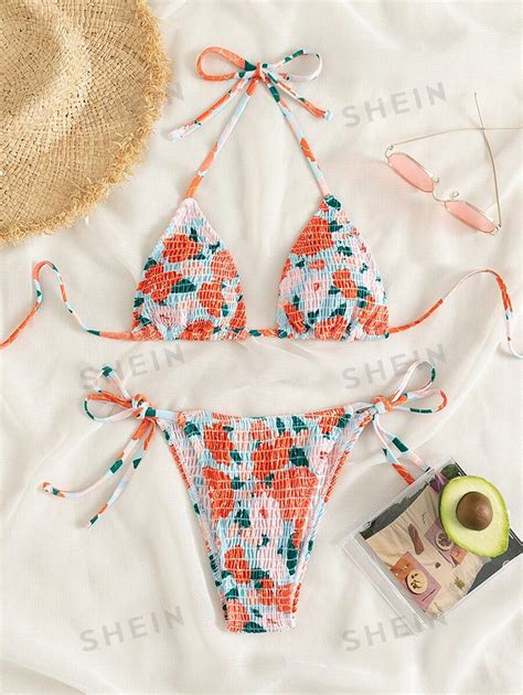 Shein Swim Ensemble De Bikini Fleuri Fronc Ras Du Cou Triangulaire