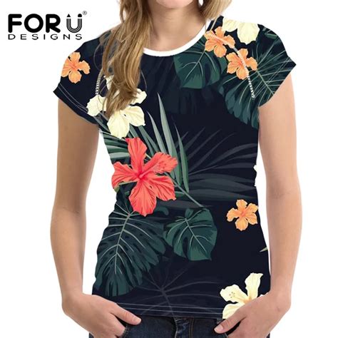 Forudesigns Summer Woman Tee Shirts Casual Flower Printed Short Sleeve