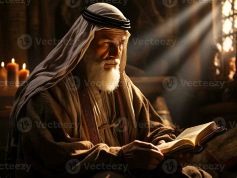 AI Generated An Elderly Muslim Man Reads The Al Quran By Candlelight