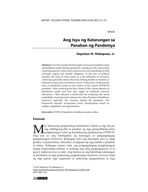 (PDF) Ang Isyu ng Katarungan sa Panahon ng Pandemya