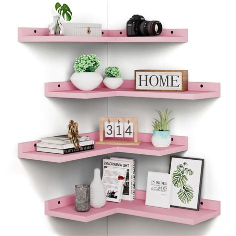 4 Tier Floating Corner Shelves Pink Set Of 4 Rustic Pine Wooden Floating Corner Wall Shelf For