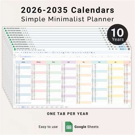 2026-2035 Calendar Google Sheets Template 10 Year Calendar Editable