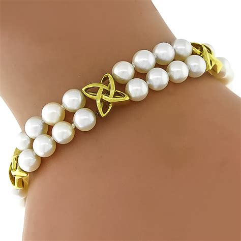 Estate Mikimoto Double Strand Pearl 18k Yellow Gold Infinity Bracelet