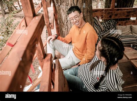 Pleased Brunette Male Looking At His Girlfriend Stock Photo Alamy