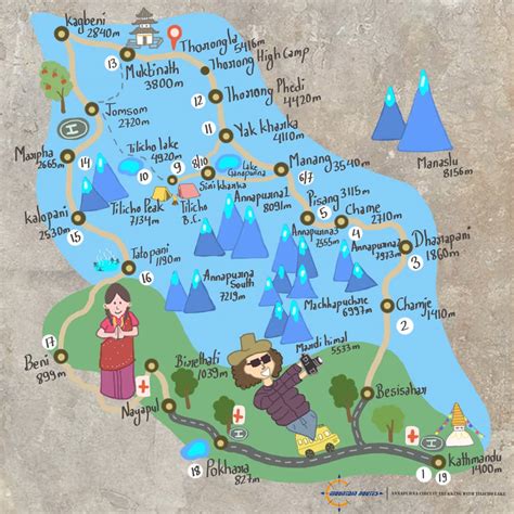 Annapurna Circuit Trek With Tilicho Lake Map Mountain Routes