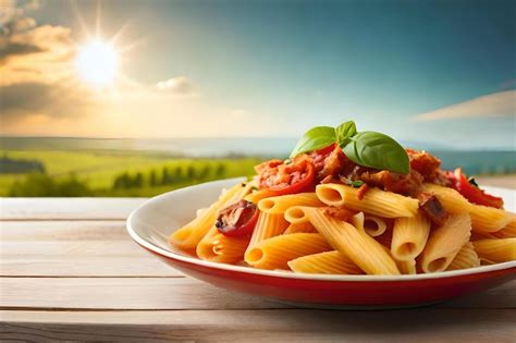 Premium Photo Pasta With Tomatoes On A Plate With Sunset In The