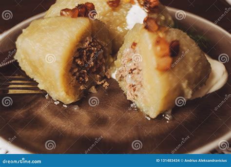 Traditional Lithuanian Dish Of Stuffed Potato Dumplings Cepelinai The