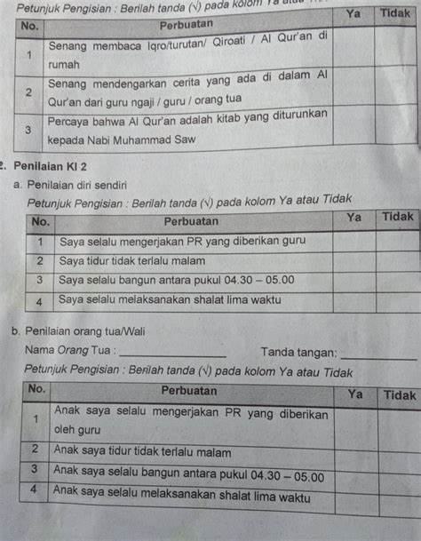 Contoh Lembar Penilaian Diri Sendiri, Orang Tua dan Teman - Anak Sekolahan 